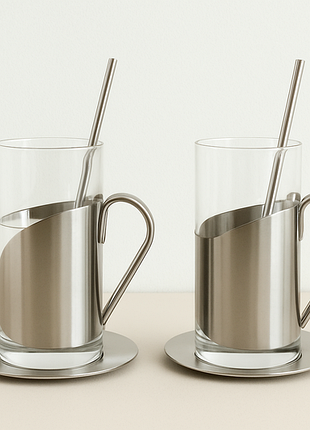 Набор бокалов в подстаканниках с блюдцем и ложкой-соломинкой