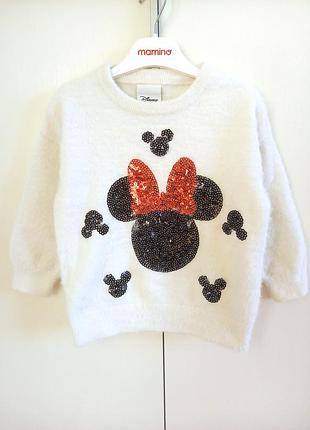 Нарядный теплый пушистый свитер свитшот кофта травка из минные маус minnie mouse для девочки 2-3 года 98 как новая
