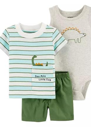 Carters летний комплект тройка картерс боди и шорты футболка dino