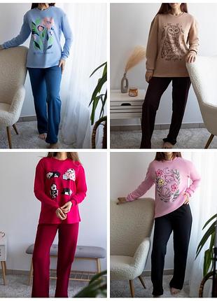 Теплая пижама женская, хлопковая пижама байцы, теплая пижама женская, хлопковая пижама на байке, домашний комплект женский