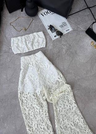 Топ бандо штани чорний білий гіпюр мережевний костюм черный белый