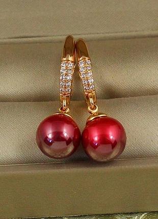 Сережки підвіски xuping jewelry октант з червоною перлиною 3,2 см золотисті love-shopping