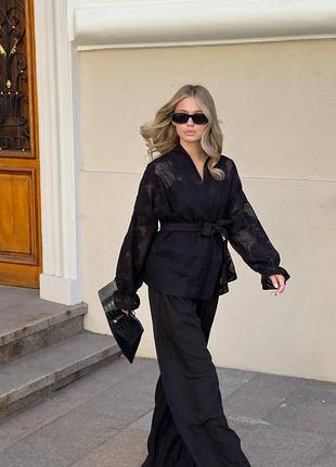 Жіночий брючний костюм двійка штани палаццо блуза сорочка на запах з мереживом на рукавах чорний xs s m l xl xxl