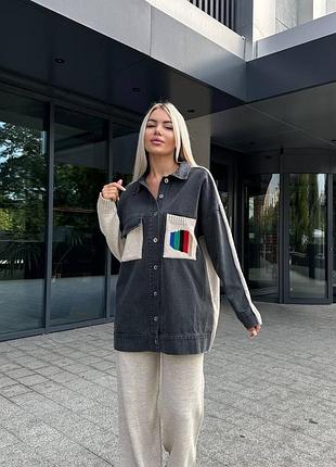 Шикарний жіночий костюм двійка вʼязані штани палаццо та кофта із джинсовим передом