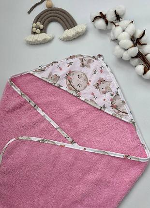 Махровий рушник - кутик для новонародженої дівчинки після купання рожевий з капюшоном