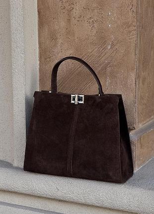 Замшевий шоколадний шопер а4, замшева коричнева сумка