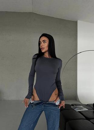 Жіночий базовий сірий боді з довгим рукавом | 618