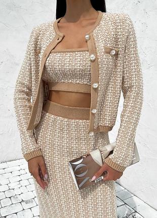 Кашемировый костюм тройка топ пиджак жакет и юбка