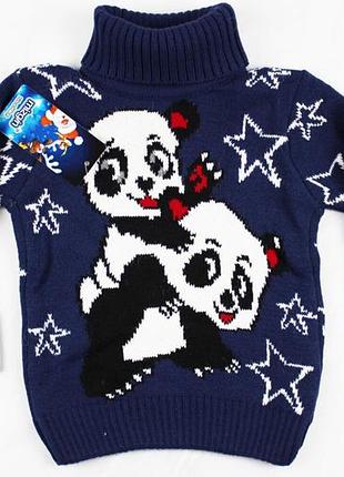 Дитячий новорічний светр з пандами бежевий вовняний з горлом для хлопчика турція