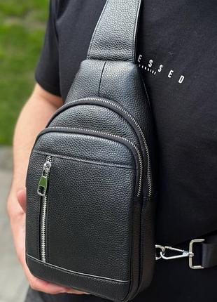 Мужской стильный кожаный слинг на плечо tiding bag 7862 черный 32х18х7см