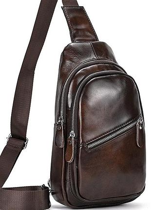 Сумка - слинг мужская кожаная на одно плечо tiding bag 62867 коричневая 32х18х7см