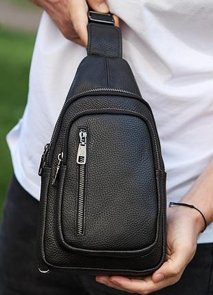 Сумка-слінг чоловіча чорна через плече з натуральної шкіри tiding bag 32545