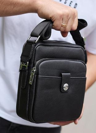 Мужская кожаная универсальная сумка 24х20х8, барсетка из кожи, сумочка для мужчин с регулировкой ручки, черная