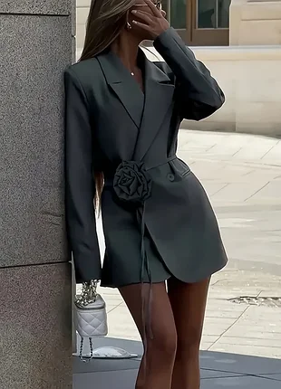 Пиджак серый 2xl с поясом цветком