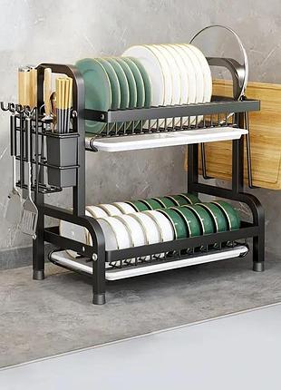 Двоярусна сушарка для посуду з нержавіючої сталі чорна зручна сушарка для посуду
