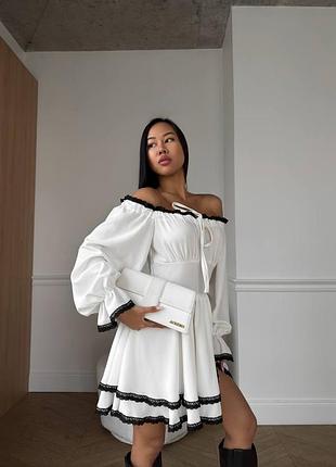 Біла міні сукня з воланами та ажурною обборкою ♥️ романтична сукня з обʼємними рукавами ♥️