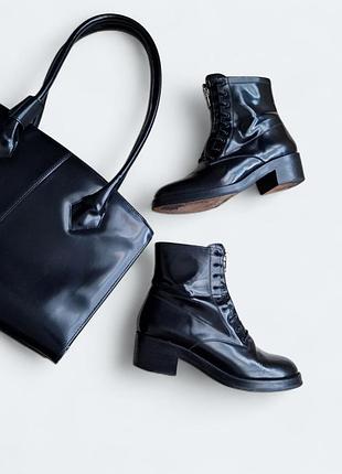 Глянцевые ботинки женские sandro кожаные ботинки на средних каблуках лаковые черные ботинки