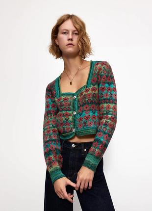 Zara womens green red floral jacquard fuzzy cropped cardigan sweater жіночий, зелений, кардиган, светр, вкорочений, зара