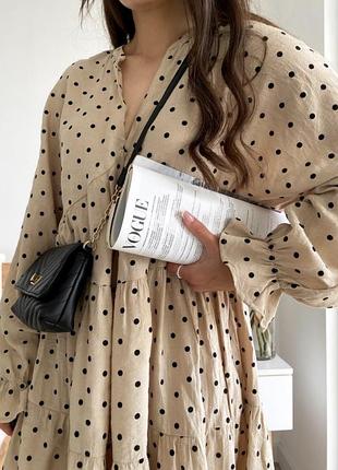Бежева вільна сукня в горох, довгий рукав вільний крій ярусне, в горошок плаття, коротке осіннє миле плаття,мила вільна кофейна,стильна жіноча,горох
