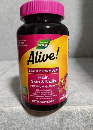Alive! добавка для волос, кожи и ногтей с коллагеном, со вкусом клубники, 60&nbsp;жевательных мармеладок