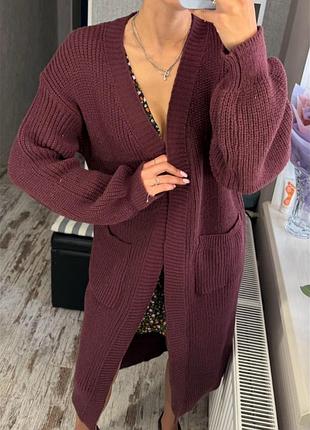 Бордовий в'язаний кардиган довгий чудової якості оверсайз s-m