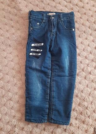 Брюки джинсовые теплые мех, травка, 3-4р. 98-104см. идеальное состояние.