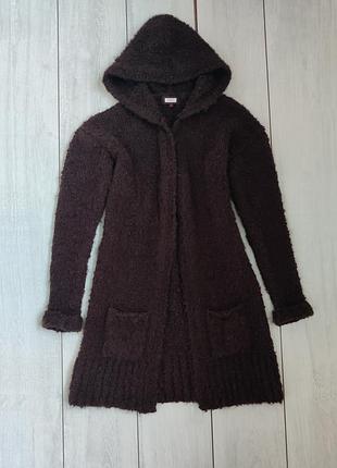 Теплый буклированный кардиган с капюшоном и карманами с шерстью и мохером шоколадного цвета