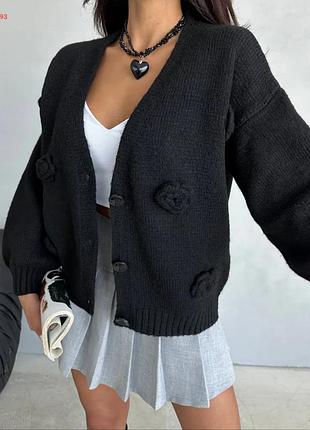 Турецкий кардиган оверсайз с объемными цветами кофта на пуговицах