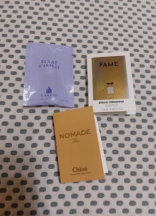 Набор пробников пробники парфюмированная вода для женщин chloé nomade lanvin eclat d'arpege, парфюмированная вода
 paco rabanne fame