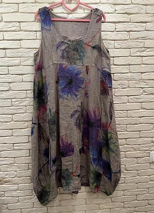 Платье миди бохо лен 100 серый/цветы карманы разм универсальный идеал
