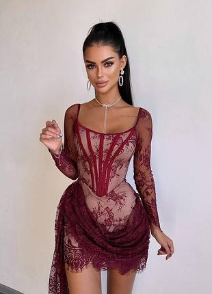 ❗ексклюзив❗праздничное корсетное платье кружево на шнуровке со шлейфом и длинным рукавом