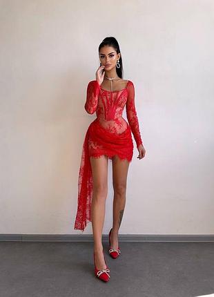 ❗ексклюзив❗праздничное корсетное платье кружево на шнуровке со шлейфом и длинным рукавом