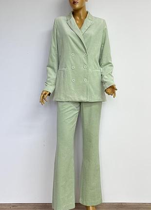 Melting stockholm брючний вельветовий костюм двобортний піджак широкі штани кльош труби колір зелений мʼятний повсягденний офісний діловий р. s m