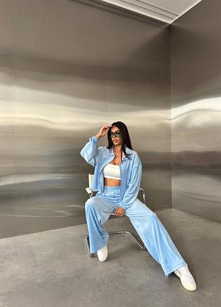 Затишний велюровий костюм кофта зіп худі на блискавці з регулюючими завʼязками та брюки палаццо вільного крою на резинці