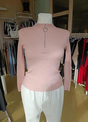 Свитер гольф с воротником на молнии, пудровый, one size