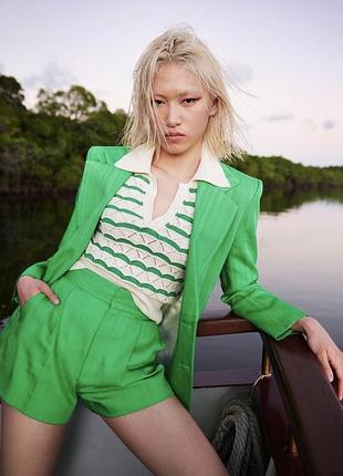 Зеленые льняные шорты zara премиум коллекция