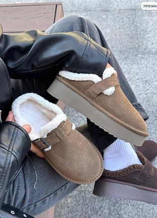 Зимові клогі teddy капучино замшеві , з натуральної замші , всередині хутро,