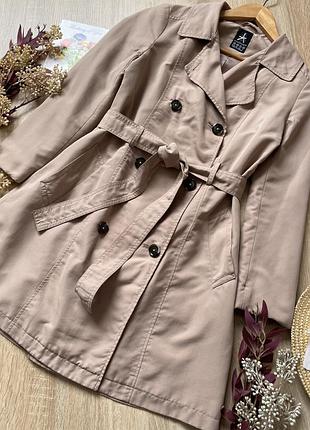 Тренч бежевий класичний плащ плащик короткий двобортний з поясом