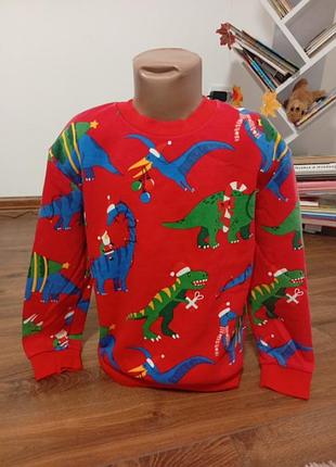 Теплый новогодний свитшот на 6-8 лет 122-128 см новогодняя кофта динозавры