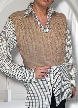 Жилет женский shein sm вязаный косами прямой укороченный свободный цвет кэмел