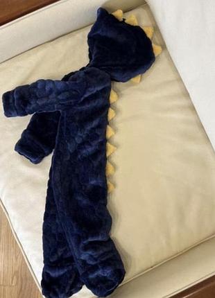 Комбінезон плюшевий на котоновій підкладці діно 3-6 міс ріст 68, синій демісезонний