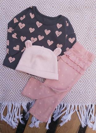 Набор на девочку 3-6 месяцев. состояние нового. лосины с рюшами, реглан и шапочка с ушками 🎀