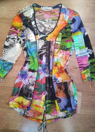 Яркая удлинённая блуза рубашка jane lushka с 3/4 рукавом/туника/сетка