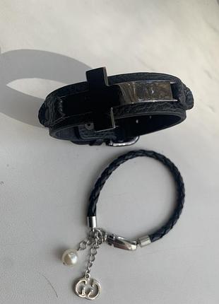 Браслет чорний шкіряний хрест і перлина