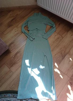 Костюм юбка с водолазкой / гольф в рубчик