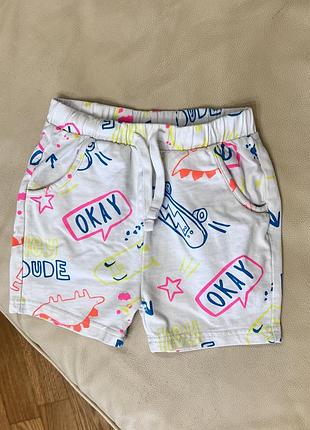 Шорти білі в кольоровий принт від джордж 3-4 роки ріст 98-104 дов 27, крок 6.5, пояс 24.5, шнурок робочий