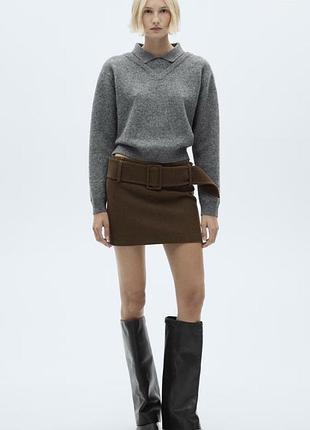 Вовняна спідниця міні з широким поясом ременем mango шерстяная юбка мини хаки зеленая