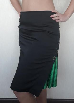 Юбка классическая, черная офисная юбка, школьная форма, черно салатовая юбка