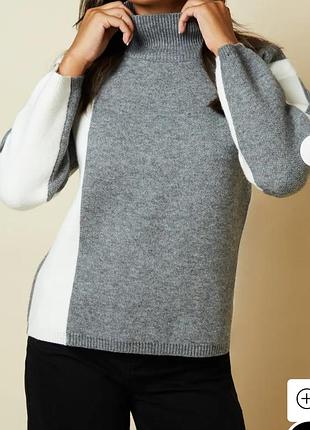 Женский джемпер серый меланж с белыми блоками и высоким воротником dorothy perkins(размер 36-38)