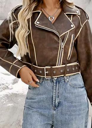 Вінтажна шкіряна куртка косуха оверсайз з ефектом потертостей